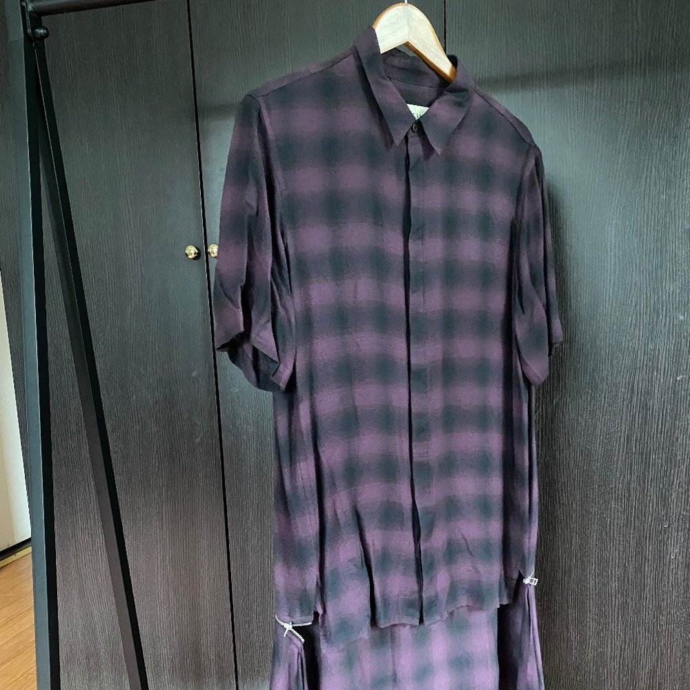 Helmut Lang Purple Plaid Zipper Shirt.